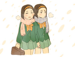 2girls blush brown_eyes brown_hair cham67726 clock_tower_(series) clock_tower_ghost_head closed_eyes commentary_request expressionless green_jacket green_skirt holding holding_hands holding_suitcase jacket midoushima_yuu multiple_girls neckerchief open_mouth partial_commentary scarf school_uniform short_hair shou_(clock_tower) siblings sisters skirt smile suitcase twins yellow_neckerchief
