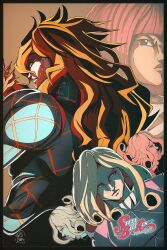 1girl 4boys absurdres argyle_clothes argyle_sweater blonde_hair blue_sweater clawed_gauntlets coat commentary cracked_skin curly_hair diego_brando dio_brando&#039;s_pose_(jojo) english_commentary funny_valentine gloves highres hot_pants_(sbr) j0ps2004 jojo_no_kimyou_na_bouken jojo_pose logo long_hair looking_at_viewer multiple_boys orange_gloves orange_hair pink_coat pink_hair scary_monsters_(stand) signature stand_(jojo) steel_ball_run sweater turtleneck turtleneck_sweater