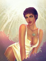 1girl black_hair breasts brown_eyes cassandra_pentaghast cleavage dragon_age female_focus gradient_background large_breasts open_mouth scar short_hair solo