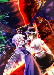 2girls blonde_hair bow brown_eyes brown_hair dress gap_(touhou) hair_bow hat holding_hands long_hair looking_away maribel_hearn multiple_girls necktie open_mouth pointing purple_eyes ribbon satou_yuuki short_hair skirt smile sweat touhou usami_renko
