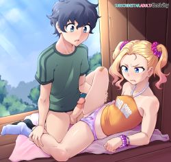 1boy 1girl black_hair blonde_hair blue_eyes bottomless character_request circumcision_scar clothing_aside geewhy high_circumcision highres kuseta loli oshiete!_galko-chan panties panties_aside penis pussy shota socks source_request subscribestar_username testicles third-party_edit tsunno_(oshiete!_galko-chan) underwear