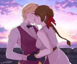 2girls blonde_hair braid braided_ponytail breasts brown_hair charlyarts female_focus gloves hairband highres king_(snk) kiss large_breasts long_hair long_sleeves multiple_girls outdoors ponytail ryuuko_no_ken shirt short_hair sky snk standing the_king_of_fighters tuxedo white_shirt yuri yuri_sakazaki