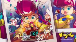 1girl 3girls aqua_eyes berecca big_hair birthday blue_pupils blue_shorts box cake cake_slice candle candlelight ceiling closed_eyes collared_jacket commentary confetti copyright_name copyright_notice crown drone_(ninjala) dual_persona english_commentary english_text eyepatch fire food fork gift gift_box gungho hair_ornament hairclip happy_birthday holding holding_candle holding_fork holding_party_popper icing_on_face impossible_hair indoors jacket locker locker_room logo long_hair long_sleeves lucy_(ninjala) medical_eyepatch mini_person multicolored_hair multiple_girls ninjala official_art outline padded_jacket padded_sleeves padded_vest party party_popper photo_(object) pink_shirt pompadour print_sash puffy_long_sleeves puffy_sleeves purple_hair purple_outline red_sash red_vest rianti-wong sash second-party_source shirt shorts silver_crown single_bare_arm single_fishnet_armwear single_sleeve sleeveless sleeveless_shirt spiked_hair_ornament teeth tile_ceiling tiles tilted_headwear twintails two-tone_hair two-tone_shirt undercut upper_teeth_only van_(ninjala) very_long_hair vest watermark web_address white_hair white_shirt x_hair_ornament x_x yellow_jacket yellow_sleeve_cuffs yellow_sleeves zipper_pull_tab