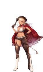 1girl abs artist_request asymmetrical_legwear bad_source belt blonde_hair boots breasts cape cleavage crop_top fingerless_gloves fishnet_pantyhose fishnets full_body game_cg garter_straps gloves gun handgun high_heels highres holding holding_gun holding_weapon lasso leather leather_gloves navel official_art pantyhose revolver sennen_sensou_aigis solo star_(symbol) tan third-party_source tongue tongue_out tonnerre_(sennen_sensou_aigis) transparent_background weapon