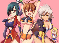 4girls :&lt; animal_ears antenna_hair arc_system_works armpits arms_up bare_shoulders belt black_hair blazblue blazblue:_calamity_trigger blazblue:_chronophantasma blazblue:_continuum_shift blonde_hair breast_envy breasts brown_eyes brown_hair bullet_(blazblue) capelet china_dress chinese_clothes cleavage cleavage_cutout clothing_cutout cutoffs dark-skinned_female dark_skin denim denim_shorts dress glasses hair_ornament highleg highleg_panties jacket lao_jiu large_breasts litchi_faye_ling long_hair makoto_nanaya masa_tarou midriff miniskirt multiple_girls narrow_waist navel noel_vermillion o_o orange_skirt panda panties red_eyes revealing_clothes scar semi-rimless_eyewear short_hair short_shorts shorts side_slit silver_hair simple_background skirt squirrel_ears squirrel_tail tail tears thighhighs under-rim_eyewear underboob underwear very_long_hair yellow_eyes