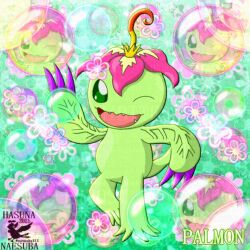 Rule 34 | bubble, digimon, digimon (creature), flower, looking at viewer, one eye closed, palmon, petals, pixiv user (3920334), sharp teeth, tail, teeth, wink