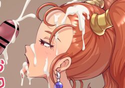 1boy 1girl censored cum cum_on_body disembodied_penis dragon_quest dragon_quest_viii earrings ejaculation facial highres jessica_albert jewelry nelnel76121122 nude orange_hair penis red_eyes tongue tongue_out twintails