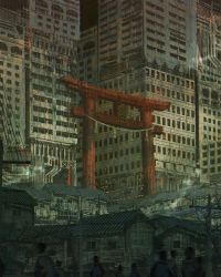 6+others building city commentary crowd dilapidated faceless highres industrial_pipe kiginobiru_(hayapi) multiple_others original outdoors power_lines rope scenery shimenawa skyscraper torii urban utility_pole
