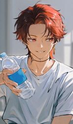 1boy bottle character_request copyright_request ear_piercing earrings highres holding holding_bottle hrak_mumi jewelry looking_to_the_side male_focus medium_hair mole mole_under_eye neck_tattoo parted_bangs parted_lips piercing red_eyes red_hair shirt solo tattoo teeth upper_body wet white_shirt