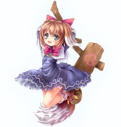 1girl animal_ears billboard black_eyes blue_dress boots bow_alma brown_hair dog_ears dog_girl dog_tail dress emil_chronicle_online frilled_dress frills hair_ribbon holding_board looking_at_viewer maou_mikage open_mouth pink_ribbon ribbon tail white_background