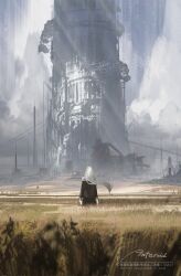 1boy absurdres asteroid_ill black_jacket cloud cloudy_sky field highres jacket long_grass long_hair machinery original ruins sky skyline tower white_hair