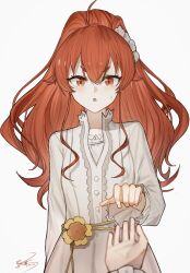 Rule 34 | 1boy, 1girl, absurdres, ahoge, belt, blush, chinese commentary, commentary, crossed bangs, dated, dress, eris greyrat, flower, hair between eyes, high collar, high ponytail, highres, long hair, looking at viewer, mushoku tensei, ponytail, pov, reaching, reaching towards viewer, red eyes, red hair, rope belt, rudeus greyrat, short eyebrows, signature, simple background, solo focus, straight-on, sweat, upper body, white background, white dress, yellow belt, yellow flower, yisjhui
