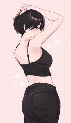 1girl absurdres arms_up ass back black_hair black_nails black_pants breasts earrings heart highres jewelry koucha_(pankeki_koucha) midriff original pants pink_background short_hair simple_background small_breasts stud_earrings