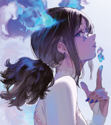 1girl black_hair blue_eyes cropped_shoulders fiery_horns finger-tip_fire from_side grey_background hands_up head_back highres horns index_finger_raised lace_trim long_hair long_sidelocks mogumo ponytail profile reantlers shirt short_ponytail sidelocks sideways_glance simple_background tight_clothes tight_shirt turtleneck turtleneck_shirt violet_flame