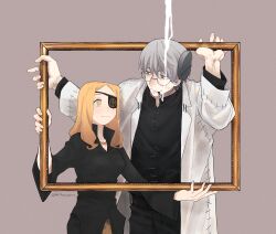 1boy 1girl black_pants black_shirt black_skirt cigarette coat colored_eyelashes cowboy_shot eyepatch franken_stein_(soul_eater) glasses green_eyes grey_hair height_difference highres hissiu holding holding_picture_frame lab_coat long_hair looking_at_another marie_mjolnir pants picture_frame round_eyewear shirt short_hair simple_background skirt smile smoke smoking soul_eater standing stitched_face stitches white_coat yellow_eyes