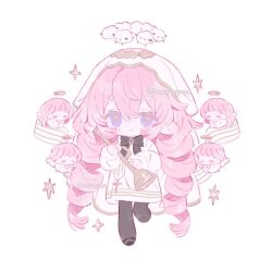 1girl blush bow bowtie chibi chibi_only dress drill_hair full_body hair_between_eyes hair_ornament halo holding hood long_hair long_sleeves looking_at_viewer memuro original pantyhose pink_hair pointy_ears puffy_long_sleeves puffy_sleeves purple_eyes shoes solo star_(symbol) twitter_username white_background
