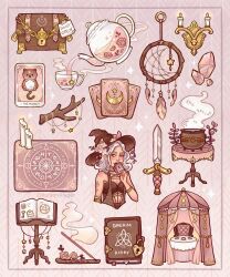 1girl antlers book bracelet brown_hat candle card cat cauldron chest_(furniture) commentary crescent crystal cup dagger diary dreamcatcher english_commentary feathers flower fortune_teller gold_bracelet hat highres holding holding_card horns jewelry knife kurainvillager lectern lock long_hair neopaganism object_request original padlock pentacle pouring sigil smoke solo table tablecloth tarot tarot_card tea teacup teapot the_moon_(tarot) triple_moon_goddess triquetra weapon white_hair witch witch_hat zodiac zodiac_wheel