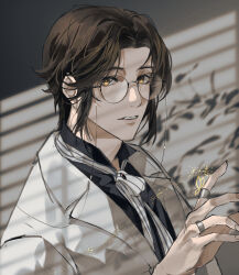 1boy alternate_costume alternate_hair_length alternate_hairstyle alternate_universe black_shirt brown_eyes brown_hair bug butterfly butterfly_on_hand collared_shirt contemporary eyewear_strap formal_clothes glasses hand_up highres insect jacket jewelry long_sleeves looking_at_viewer male_focus multiple_rings necktie parted_bangs parted_lips ring ronpu_cooing round_eyewear shadow shirt short_hair solo suit tianguan_cifu upper_body white_jacket white_necktie xie_lian