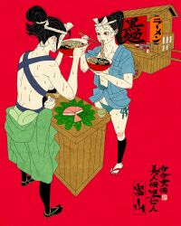 2girls absurdres aqua_bikini aqua_kimono artist_logo bikini bikini_under_clothes black_hair black_socks bowl chopsticks collarbone commentary eating english_commentary food food_stand green_kimono highres holding holding_bowl holding_chopsticks japanese_clothes kimono logo multiple_girls noodles original ponytail ramen red_background rice sandals sei5osuzuki socks standing sweat swimsuit toyama_prefecture