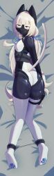 1girl absurdres ahegao animal_ear_fluff animal_ears armbinder arms_behind_back ass bdsm blue_eyes blue_ribbon bodysuit cat_ears character_request cloth_gag covered_navel dakimakura_(medium) deglazed full_body gag gag_harness gagged highres improvised_gag latex latex_bodysuit long_hair low_twintails lying nekopara over_the_nose_gag pouch restrained ribbon sex_toy skin_tight skindentation tail thigh_pouch thigh_strap twintails very_long_hair vibrator vibrator_under_clothes white_hair