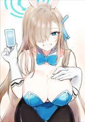 1girl animal_ears asuna_(blue_archive) asuna_(bunny)_(blue_archive) black_pantyhose blonde_hair blue_archive blue_bow blue_bowtie blue_halo blue_leotard blue_ribbon bow bowtie breasts card commentary_request detached_collar fake_animal_ears gloves grin hair_over_one_eye hair_ribbon halo highres holding holding_card large_breasts leotard long_bangs looking_at_viewer nachiku pantyhose playboy_bunny rabbit_ears ribbon smile solo teeth white_gloves