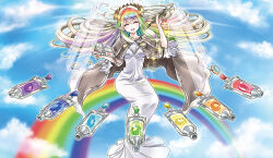 1girl blue_sky blush breasts brown_robe chomose closed_eyes cloud cloudy_sky dress duel_monster holding holding_paint_palette holding_paintbrush long_hair medium_breasts multicolored_hair open_mouth paint_palette paintbrush rainbow rainbow_gradient rainbow_hair robe sky smile solo the_weather_painter_rainbow white_dress yu-gi-oh!