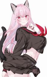 1girl absurdres animal_ears black_nails black_sailor_collar black_serafuku black_skirt black_tail blush breasts cat_ears cat_girl cat_tail closed_mouth commentary ear_piercing english_commentary fang fingernails highres hololive hololive_english jewelry kamiya_maneki large_breasts long_hair long_sleeves looking_at_viewer midriff mori_calliope nail_polish navel navel_piercing neckerchief piercing pink_eyes pink_hair pink_neckerchief red_nails ring sailor_collar school_uniform serafuku simple_background skin_fang skirt solo spiked_ear_piercing stomach tail thighs two-tone_nails virtual_youtuber wavy_mouth white_background