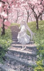 1girl arm_up barefoot cherry_blossoms closed_mouth commentary day dress full_body grass highres long_hair long_sleeves original outdoors solo stairs standing symbol-only_commentary tngn96 tree very_long_hair white_dress white_hair yellow_eyes