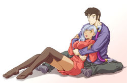 1boy 1girl black_eyes black_hair breasts code_geass couple dark_skin feet hetero hug large_breasts long_hair lying ohgi_kaname pants ponytail short_hair silver_hair socks sweater thighhighs uzura_(suzukane) villetta_nu yellow_eyes