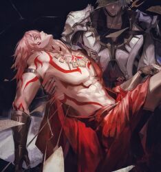 2boys abs arm_tattoo armlet armored_gloves black_shirt blonde_hair braid carrying carrying_person chest_tattoo closed_eyes coat crack cracked_glass facial_tattoo gold_necklace gradient_hair hair_between_eyes hashtag-only_commentary highres honkai:_star_rail honkai_(series) jewelry male_focus medium_hair multicolored_hair multiple_boys mydei_(honkai:_star_rail) navel necklace phainon_(honkai:_star_rail) red_hair red_robe red_tattoo robe sheunsnzh shirt side_braid tattoo toned toned_male white_coat yaoi