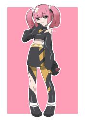 1girl absurdres belt black_choker black_eyes black_shirt black_skirt border choker closed_mouth commentary_request coral_(pokemon) eyelashes fang fang_out full_body hair_ornament hand_up highres knees korean_commentary long_sleeves midriff nintendo off-shoulder_shirt off_shoulder outline outside_border pink_background pink_hair pokemon pokemon_(anime) pokemon_horizons shirt skirt sleeves_past_fingers sleeves_past_wrists smile solo standing twintails user_cyje8472 white_border yellow_belt