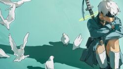 1boy 9s_(nier:automata) absurdres bird black_blindfold blindfold closed_mouth coat commentary glaw gloves green_background green_coat green_gloves highres katana male_focus nier:automata nier_(series) shadow short_hair sitting socks solo sword sword_on_back weapon weapon_on_back white_bird white_hair white_socks