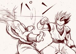 2boys black_eyes black_hair dragon_ball highres majin_buu multiple_boys muscular muscular_male potential_unleashed punching serious son_gohan sound_effects ultimate_gohan