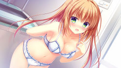 1girl adjusting_bra adjusting_clothes angry arms_behind_back blush bow bow_bra bow_panties bra breasts cleavage collarbone dutch_angle embarrassed female_focus green_eyes highres indoors large_breasts long_hair mitsumomo_mamu navel non-web_source official_art open_mouth orange_hair panties polka_dot polka_dot_bra polka_dot_panties sakurai_shio solo standing tears tenpure!! underwear underwear_only white_bra white_panties