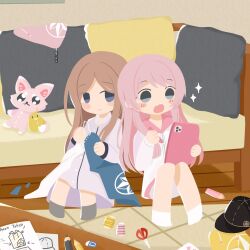 2girls anon_tokyo_(bang_dream!) bang_dream! bang_dream!_it&#039;s_mygo!!!!! brown_hair chihaya_anon commentary fang highres holding holding_stylus holding_tablet_pc indoors jacket kino_(kino01xyz) long_hair multiple_girls nagasaki_soyo needle open_mouth pajamas pencil_skirt pink_hair pink_jacket sewing sewing_needle sidelocks skirt socks stuffed_fox stylus tablet_pc teeth upper_teeth_only white_socks