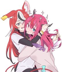 2girls after_kiss animal_ears black_hair black_shirt blue_eyes blush ear_blush ear_tag energy_wings grabbing_another&#039;s_horns grey_shirt hakos_baelz halo hand_in_another&#039;s_hair heterochromia highres hololive hololive_english horns irys_(hololive) jewelry key key_necklace layered_sleeves long_hair long_sleeves mouse_ears mouse_girl mouse_tail multicolored_hair multiple_girls necklace parted_lips pink_eyes pink_hair pointy_ears ramphastostella red_hair saliva saliva_trail sharp_teeth shirt short_over_long_sleeves short_sleeves simple_background streaked_hair sweat symbol-shaped_pupils tail teeth virtual_youtuber white_background white_hair white_shirt yellow_nails yuri