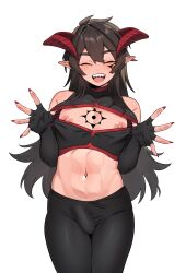 1boy abs black_gloves black_pants blush brown_hair bulge center_opening chest_tattoo closed_eyes commentary_request cowboy_shot crop_top demon_boy demon_horns demon_king_(in) elbow_gloves erection erection_under_clothes facial_tattoo fingerless_gloves fingernails gloves hair_between_eyes highres horns in_(ain) korean_commentary long_hair male_focus midriff navel nipples open_mouth original pants pointy_ears red_horns red_nails sharp_fingernails simple_background smile solo tattoo teeth trap upper_teeth_only white_background