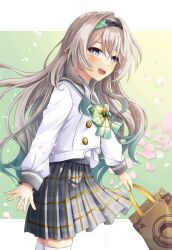 1girl bag black_hairband bow bowtie brown_bag buttons checkered_bow checkered_bowtie checkered_clothes checkered_skirt collared_shirt commentary_request double-breasted firefly_(honkai:_star_rail) firefly_(spring_missive)_(honkai:_star_rail) gradient_eyes gradient_hair green_bow green_bowtie green_pupils grey_hair grey_sailor_collar grey_skirt hair_between_eyes hair_intakes hair_tie hairband highres holding holding_bag honkai:_star_rail honkai_(series) iris_yayoi long_hair multicolored_eyes multicolored_hair official_alternate_costume open_mouth pink_petals pleated_skirt sailor_collar shirt skirt smile solo teeth thighhighs upper_teeth_only white_shirt white_thighhighs