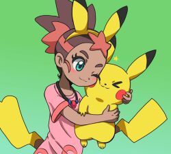 &gt;_&lt; 1girl ;) affectionate animal_ears blush_stickers brown_hair closed_eyes closed_mouth commentary_request cuddling eyelashes gen_1_pokemon green_background green_eyes hairband holding holding_pokemon jewelry mimo_(pokemon) multicolored_hair necklace nintendo one_eye_closed pikachu pikachu_ears pikachu_tail pink_shirt pokemon pokemon_(anime) pokemon_(creature) pokemon_sm_(anime) pokemon_tail red_hair shirt short_hair short_sleeves smile star_(symbol) tail takamame two-tone_hair yellow_hairband