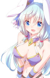 1girl absurdres animal_ears arifureta_shokugyou_de_sekai_saikyou bare_shoulders blue_eyes blue_hair breasts commentary_request highres large_breasts long_hair looking_at_viewer navel nyaa_(nnekoron) open_mouth rabbit_ears rabbit_girl shea_haulia simple_background smile solo upper_body v_arms white_background