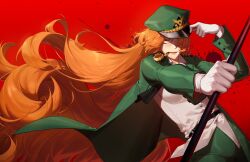 Rule 34 | 1girl, belt, black belt, collared shirt, cowboy shot, floating hair, gloves, green eyes, green hat, green jacket, green pants, hair over one eye, hat, highres, ishmael (project moon), jacket, limbus company, long hair, looking ahead, orange hair, pants, peaked cap, pequod (identity) (project moon), pipe in mouth, project moon, ranya (artiraia), red background, shirt, simple background, smoking pipe, solo, very long hair, white gloves, white shirt