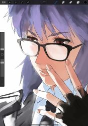 1girl aizheajsee black_gloves close-up fingerless_gloves ghost_in_the_shell glasses gloves highres kusanagi_motoko medium_hair portrait purple_hair red_eyes solo user_interface