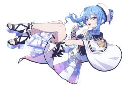 Rule 34 | 1girl, :d, armpit crease, asymmetrical clothes, belt, beret, black belt, black ribbon, black shirt, black trim, blue bow, blue hair, blue nails, blue shoes, blue sky, bow, breasts, cape, collared capelet, fetal position, fingerless gloves, fingernails, floating, frilled socks, frills, gloves, gradient clothes, gradient skirt, hair bow, hand up, hat, high heels, highres, holding, holding microphone, hololive, hoshimachi suisei, hoshimachi suisei (supernova), igo miku, looking at viewer, microphone, open mouth, outstretched arm, purple skirt, ribbon, shirt, shoes, short hair with long locks, simple background, single bare shoulder, skirt, sky, small breasts, smile, socks, solo, teeth, thigh belt, thigh strap, upper body, upper teeth only, white background, white cape, white gloves, white hat, white skirt, white socks, wing collar, wrist ribbon