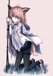 1girl absurdres animal_ears arknights black_pantyhose blue_eyes brown_hair cloak commentary cross expressionless fox_ears fox_tail full_body gloves greek_cross highres hood hooded_cloak infection_monitor_(arknights) kneeling lit_ter material_growth oripathy_lesion_(arknights) pantyhose red_cross revision shoes short_hair sneakers staff sussurro_(arknights) tail