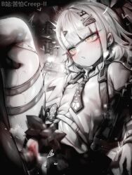 1boy 1girl bilibili_username blur_censor censored chinatsu_remiel chinese_commentary commentary_request condom condom_on_penis female_ejaculation green_eyes greyscale hair_ornament hairclip hetero highres kupa_(jesterwii) loli long_hair monochrome necktie paid_reward_available penis pussy sex shirt solo_focus vaginal variant_set x_hair_ornament zenless_zone_zero