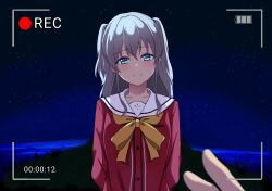 Rule 34 | 1girl, 1other, arms behind back, backlighting, battery indicator, blue eyes, blush, bow, bowtie, buttons, charlotte (anime), closed mouth, commentary request, eye reflection, grey hair, hair between eyes, happy, highres, hoshinoumi academy school uniform, huge bow, long hair, long sleeves, looking at viewer, night, night sky, outdoors, poteto furai, pov, pov hands, recording, red shirt, reflection, sailor collar, school uniform, serafuku, shirt, sidelocks, sky, smile, solo focus, split mouth, star (sky), starry sky, tomori nao, two side up, upper body, viewfinder, white sailor collar, yellow bow, yellow bowtie