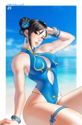 Rule 34 | 1girl, absurdres, any emu 7725, bare shoulders, beach, belly chain, black hair, blue flower, blue one-piece swimsuit, blue sky, blush, bracelet, breasts, capcom, chun-li, cleavage cutout, clothing cutout, cloud, cloudy sky, commentary, double bun, earrings, english commentary, feet out of frame, flower, hair bun, hair flower, hair ornament, hand on own head, highleg, highleg one-piece swimsuit, highres, horizon, jewelry, lips, looking at viewer, medium breasts, ocean, official alternate costume, one-piece swimsuit, outdoors, parted lips, single sidelock, sitting, sky, solo, street fighter, street fighter 6, swimsuit, thigh strap, thighs