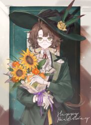 1girl against_door bouquet brown_hair closed_mouth collared_shirt eyewear_strap feathers flower glasses gloves green_eyes green_feathers green_hat green_jacket hands_up happy_birthday hat hat_feather hat_flower highres holding holding_bouquet jacket kakania_(reverse:1999) long_hair looking_at_viewer low_ponytail neck_ribbon picture_hat ponytail rang_wo_zai_shui_10_fenzhong red_ribbon reverse:1999 ribbon round_eyewear semi-rimless_eyewear shirt smile solo sunflower under-rim_eyewear upper_body very_long_hair white_flower white_gloves white_shirt yellow_flower