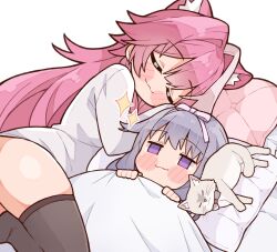 2girls :3 animal_ears black_thighhighs blanket blush blush_stickers bow bowtie cat closed_eyes closed_mouth commentary english_commentary extra_ears fanged_bangs grey_bow grey_bowtie grey_cat hair_ribbon highres hololive hololive_english jitome koseki_bijou kukie-nyan long_hair long_sleeves multicolored_hair multiple_girls panther_ears panther_girl pillow pink_hair pink_ribbon purple_eyes purple_hair raora_panthera ribbon shirt simple_background smile streaked_hair thighhighs thighs two-tone_hair virtual_youtuber white_background white_shirt