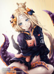 1girl :o abigail_williams_(fate) abigail_williams_(traveling_outfit)_(fate) akaisu bandaid bandaid_on_face bandaid_on_forehead belt black_bow blonde_hair blue_eyes blush bow fate/grand_order fate_(series) female_focus hair_bow hair_bun heroic_spirit_traveling_outfit highres holding holding_stuffed_toy long_hair looking_at_viewer navel official_alternate_costume orange_bow parted_bangs pocket polka_dot polka_dot_bow simple_background single_hair_bun solo stuffed_animal stuffed_toy teddy_bear tentacles watermark web_address white_string